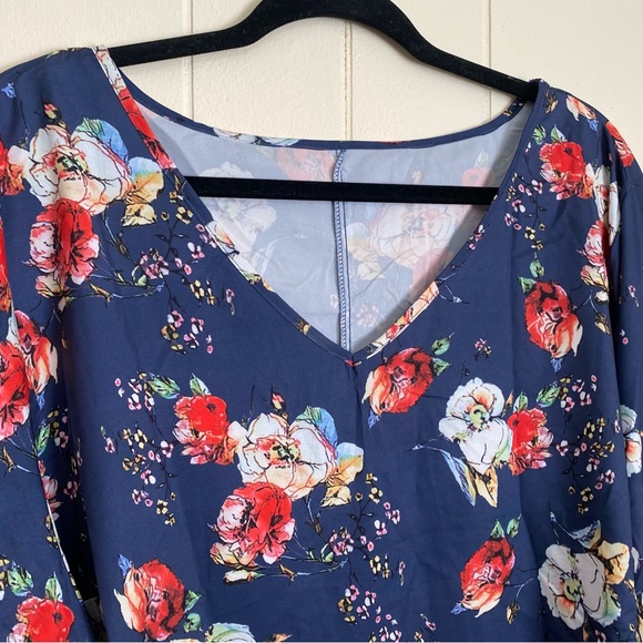 SHEIN Emery Rose Plus Navy Blue Floral Print Flounce Sleeve Long Sleeve Blouse - Picture 3 of 11